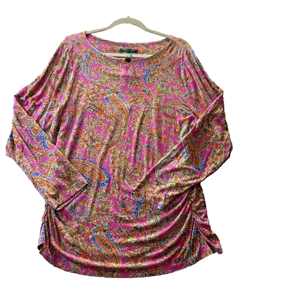 NWT Lauren Ralph Lauren Multi Island Pink Long Sleeve Ruched Top Womens Sz 2X